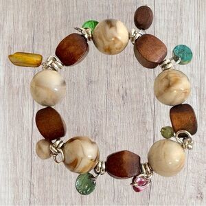 Bracelet Chunky Stretch Earth Tones Beads Wood Resin Acrylic Bohemian Boho